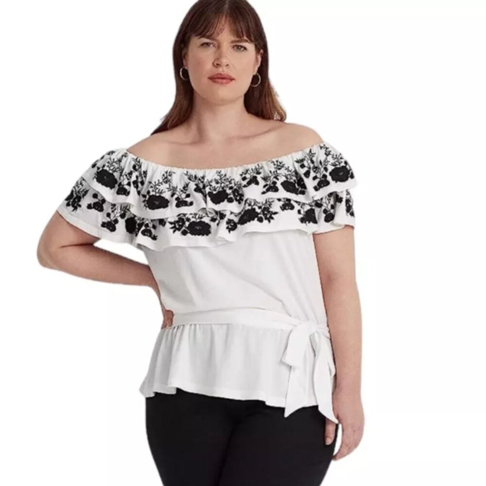 LAUREN Ralph Lauren Women's Floral Embroidered Off The Shoulder Blouse XL NWT